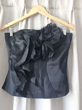 White House Black Market Black Silk Floral Strapless Corset Top